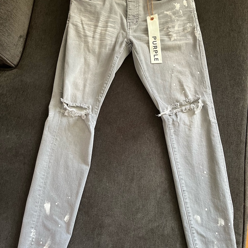 Purple Jeans- P001 Worn Grey Knee Slit